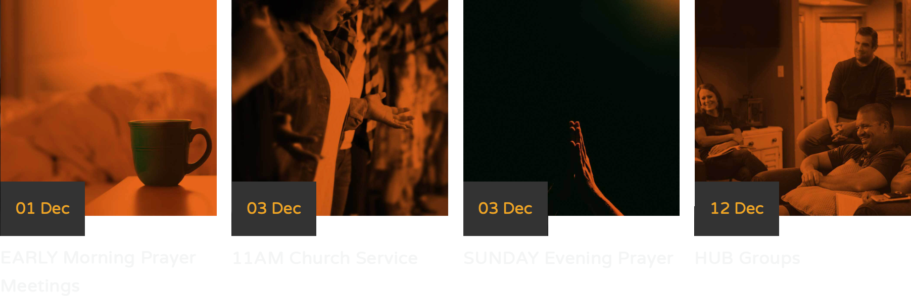 <p>Faith House uses ChurchSuite's JSON feed to show upcoming events on their website. This implementation is especially clever as it detects how many events there are and optimises itself for the nicest. For example, if there are five events coming up, instead of showing a row of four events followed by just the one event on the next line, it shows the first two events at half the width of the website and the next three at a third of the width of the website.</p>