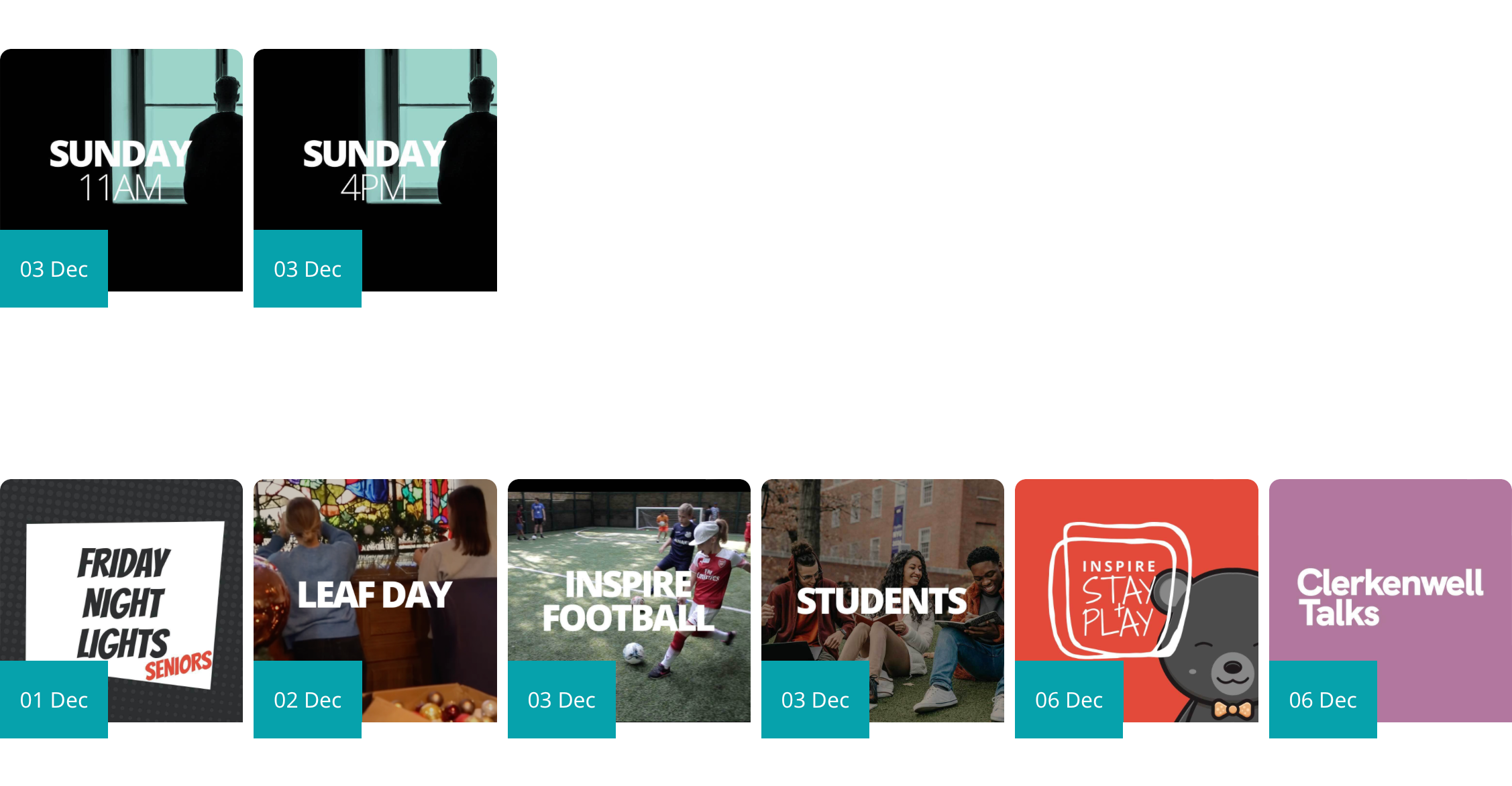 <p>Inspire uses ChurchSuite's JSON feed to show upcoming events on their website. This implementation separates Sunday services from other events that are on the horizon. This solution especially makes sense when a church has lots of events going on.</p>